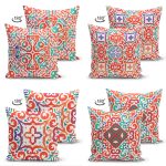 - Suet-K4luset614-1 - Realhomes  4'lü Çift Taraflı Beyaz Zemin Üzerinde Çini Desenli Modern Süet Yastık Kırlent Kılıf Seti Realhomes