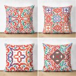 - Suet-K4luset614 - Realhomes  4'lü Çift Taraflı Beyaz Zemin Üzerinde Çini Desenli Modern Süet Yastık Kırlent Kılıf Seti Realhomes