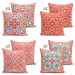 4'lü Çift Taraflı Beyaz Zemin Üzerinde Çini Desenli Modern Süet Yastık Kırlent Kılıf Seti Realhomes