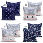 4'lü Çift Taraflı Renkli Zemin Üzerinde Denizci Desenli Modern Süet Yastık Kırlent Kılıf Seti Realhomes