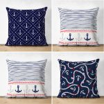 4'lü Çift Taraflı Renkli Zemin Üzerinde Denizci Desenli Modern Süet Yastık Kırlent Kılıf Seti Realhomes