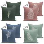 - Suet-K4luset619-1 - Realhomes 4'lü Çift Taraflı Renkli Zemin Üzerinde Onedraw Çizimli Yaprak Desenli Modern Süet Yastık Kırlent Kılıf Seti Realhomes