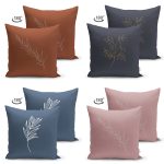 - Suet-K4luset620-1 - Realhomes  4'lü Çift Taraflı Renkli Zemin Üzerinde Onedraw Çizimli Yaprak Desenli Modern Süet Yastık Kırlent Kılıf Seti Realhomes