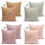 4'lü Çift Taraflı Renkli Zemin Üzerinde Onedraw Çizimli Yaprak Desenli Modern Süet Yastık Kırlent Kılıf Seti Realhomes