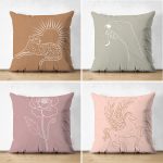 4'lü Çift Taraflı Renkli Zemin Üzerinde Onedraw Çizimli Yaprak Desenli Modern Süet Yastık Kırlent Kılıf Seti Realhomes