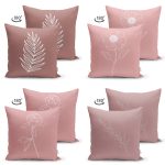 - Suet-K4luset622-1 - Realhomes 4'lü Çift Taraflı Renkli Zemin Üzerinde Onedraw Çizimli Yaprak Desenli Modern Süet Yastık Kırlent Kılıf Seti Realhomes