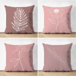 - Suet-K4luset622 - Realhomes 4'lü Çift Taraflı Renkli Zemin Üzerinde Onedraw Çizimli Yaprak Desenli Modern Süet Yastık Kırlent Kılıf Seti Realhomes