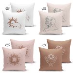 - Suet-K4luset623-1 - Realhomes 4'lü Çift Taraflı Renkli Zemin Üzerinde Onedraw Çizimli Modern Süet Yastık Kırlent Kılıf Seti Realhomes