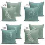 4'lü Çift Taraflı Renkli Zemin Üzerinde Onedraw Çizimli Yaprak Desenli Modern Süet Yastık Kırlent Kılıf Seti Realhomes