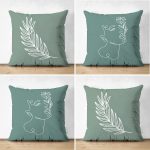 4'lü Çift Taraflı Renkli Zemin Üzerinde Onedraw Çizimli Yaprak Desenli Modern Süet Yastık Kırlent Kılıf Seti Realhomes