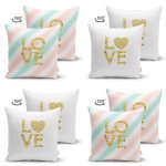 - Suet-K4luset626-1 - Realhomes 4'lü Çift Taraflı Beyaz Zemin Üzerinde Gold Detaylı Love Yazılı Modern Süet Yastık Kırlent Kılıf Seti Realhomes