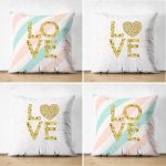 - Suet-K4luset626 - Realhomes 4'lü Çift Taraflı Beyaz Zemin Üzerinde Gold Detaylı Love Yazılı Modern Süet Yastık Kırlent Kılıf Seti Realhomes