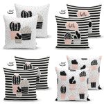 - Suet-K4luset627-1 - Realhomes  4'lü Çift Taraflı Beyaz Zemin Üzerinde Onedraw Çizimli Kaktüs Desenli Modern Süet Yastık Kırlent Kılıf Seti Realhomes