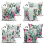 - Suet-K4luset629-1 - Realhomes 4'lü Çift Taraflı Renkli Zemin Üzerinde Kaktüs Desenli Modern Süet Yastık Kırlent Kılıf Seti Realhomes