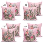 - Suet-K4luset630-1 - Realhomes 4'lü Çift Taraflı Renkli Zemin Üzerinde Kaktüs Desenli Modern Süet Yastık Kırlent Kılıf Seti Realhomes