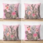 - Suet-K4luset630 - Realhomes 4'lü Çift Taraflı Renkli Zemin Üzerinde Kaktüs Desenli Modern Süet Yastık Kırlent Kılıf Seti Realhomes