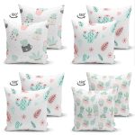 - Suet-K4luset631-1 - Realhomes 4'lü Çift Taraflı Beyaz Zemin Üzerinde Kaktüs Desenli Modern Süet Yastık Kırlent Kılıf Seti Realhomes