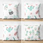 - Suet-K4luset631 - Realhomes 4'lü Çift Taraflı Beyaz Zemin Üzerinde Kaktüs Desenli Modern Süet Yastık Kırlent Kılıf Seti Realhomes