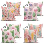 4'lü Çift Taraflı Renkli Zemin Üzerinde Kaktüs Desenli Modern Süet Yastık Kırlent Kılıf Seti Realhomes