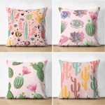 4'lü Çift Taraflı Renkli Zemin Üzerinde Kaktüs Desenli Modern Süet Yastık Kırlent Kılıf Seti Realhomes