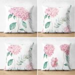 - Suet-K4luset634 - Realhomes  4'lü Çift Taraflı Beyaz Zemin Üzerinde Ortanca Çiçeği Desenli Modern Süet Yastık Kırlent Kılıf Seti Realhomes