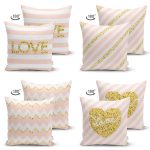 4'lü Çift Taraflı Renkli Zemin Üzerinde Gold Detaylı Love Yazılı Modern Süet Yastık Kırlent Kılıf Seti Realhomes