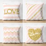 4'lü Çift Taraflı Renkli Zemin Üzerinde Gold Detaylı Love Yazılı Modern Süet Yastık Kırlent Kılıf Seti Realhomes