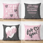 - Suet-K4luset639 - Realhomes 4'lü Çift Taraflı Sevgililer Günü Konseptli Özel Tasarım Modern Süet Kombin Yastık Kırlent Kılıf Seti Realhomes