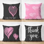 4'lü Çift Taraflı Sevgililer Günü Konseptli Özel Tasarım Modern Süet Kombin Yastık Kırlent Kılıf Seti Realhomes