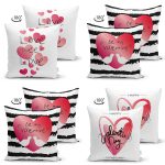 - Suet-K4luset648-1 - Realhomes 4'lü Çift Taraflı Sevgililer Günü Konseptli Özel Tasarım Modern Süet Kombin Yastık Kırlent Kılıf Seti Realhomes