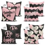 - Suet-K4luset651-1 - Realhomes 4'lü Çift Taraflı Sevgililer Günü Konseptli Özel Tasarım Modern Süet Kombin Yastık Kırlent Kılıf Seti Realhomes