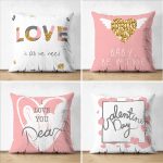 - Suet-K4luset655 - Realhomes 4'lü Çift Taraflı Sevgililer Günü Konseptli Özel Tasarım Modern Süet Kombin Yastık Kırlent Kılıf Seti Realhomes