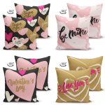 4'lü Çift Taraflı Sevgililer Günü Konseptli Özel Tasarım Modern Süet Kombin Yastık Kırlent Kılıf Seti Realhomes