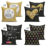 - Suet-K4luset664-1 - Realhomes 4'lü Çift Taraflı Sevgililer Günü Konseptli Özel Tasarım Modern Süet Kombin Yastık Kırlent Kılıf Seti Realhomes