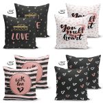 - Suet-K4luset673-1 - Realhomes 4'lü Çift Taraflı Sevgililer Günü Konseptli Özel Tasarım Modern Süet Kombin Yastık Kırlent Kılıf Seti Realhomes