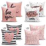 - Suet-K4luset674-1 - Realhomes 4'lü Çift Taraflı Sevgililer Günü Konseptli Özel Tasarım Modern Süet Kombin Yastık Kırlent Kılıf Seti Realhomes