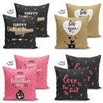 - Suet-K4luset678-1 - Realhomes 4'lü Çift Taraflı Sevgililer Günü Konseptli Özel Tasarım Modern Süet Kombin Yastık Kırlent Kılıf Seti Realhomes