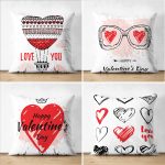 - Suet-K4luset680 - Realhomes 4'lü Çift Taraflı Sevgililer Günü Konseptli Özel Tasarım Modern Süet Kombin Yastık Kırlent Kılıf Seti Realhomes