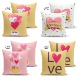 - Suet-K4luset685-1 - Realhomes 4'lü Çift Taraflı Sevgililer Günü Konseptli Özel Tasarım Modern Süet Kombin Yastık Kırlent Kılıf Seti Realhomes