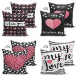 4'lü Çift Taraflı Sevgililer Günü Konseptli Özel Tasarım Modern Süet Kombin Yastık Kırlent Kılıf Seti Realhomes