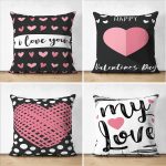 4'lü Çift Taraflı Sevgililer Günü Konseptli Özel Tasarım Modern Süet Kombin Yastık Kırlent Kılıf Seti Realhomes