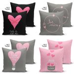 - Suet-K4luset696-1 - Realhomes 4'lü Çift Taraflı Sevgililer Günü Konseptli Özel Tasarım Modern Süet Kombin Yastık Kırlent Kılıf Seti Realhomes