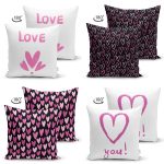 4'lü Çift Taraflı Sevgililer Günü Konseptli Özel Tasarım Modern Süet Kombin Yastık Kırlent Kılıf Seti Realhomes