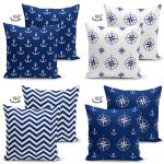 4'lü Çift Taraflı Çapa ve Pusula Tasarımlı Dijital Baskılı Dekoratif Süet Yastık Kırlent Kılıfı Seti Realhomes
