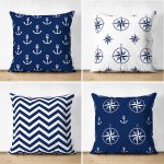 4'lü Çift Taraflı Çapa ve Pusula Tasarımlı Dijital Baskılı Dekoratif Süet Yastık Kırlent Kılıfı Seti Realhomes