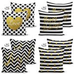 - Suet-K4luset706-1 - Realhomes 4'lü Çift Taraflı Siyah Beyaz Altın Varaklı Motifler Dijital Baskılı Süet Yastık Kırlent Kılıf Seti Realhomes