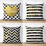 - Suet-K4luset706 - Realhomes 4'lü Çift Taraflı Siyah Beyaz Altın Varaklı Motifler Dijital Baskılı Süet Yastık Kırlent Kılıf Seti Realhomes