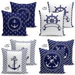 - Suet-K4luset708-1 - Realhomes 4lü Lacivert Beyaz Çapa Tasarımlı Dekoratif Süet Yastık Kırlent Kılıf Seti Realhomes