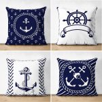 - Suet-K4luset708 - Realhomes 4lü Lacivert Beyaz Çapa Tasarımlı Dekoratif Süet Yastık Kırlent Kılıf Seti Realhomes