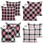 4'lü Çift Taraflı Pembe ve Siyah Ekose Motifli Dekoratif Süet Yastık Kırlent Kılıf Seti Realhomes